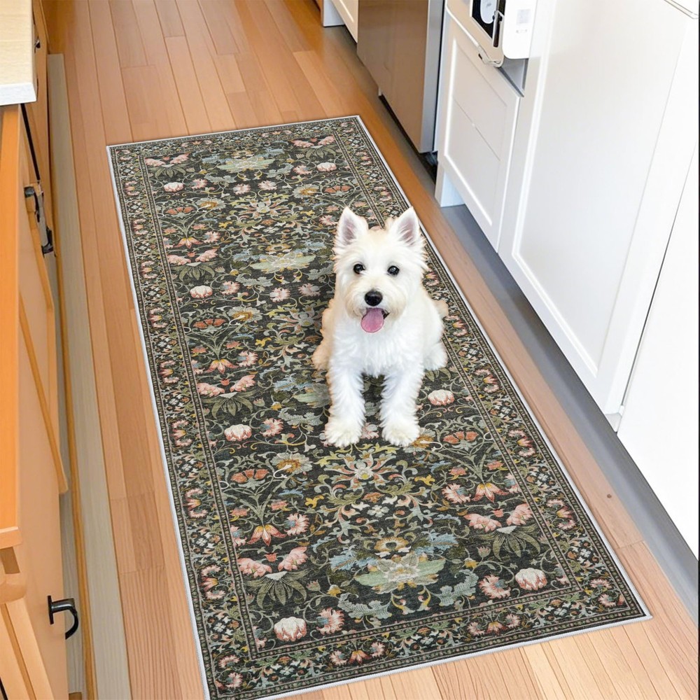 Hallway 2×5 Washable Runner Rug: Oriental Floral 2′ x 5′ (Rectangular), Green