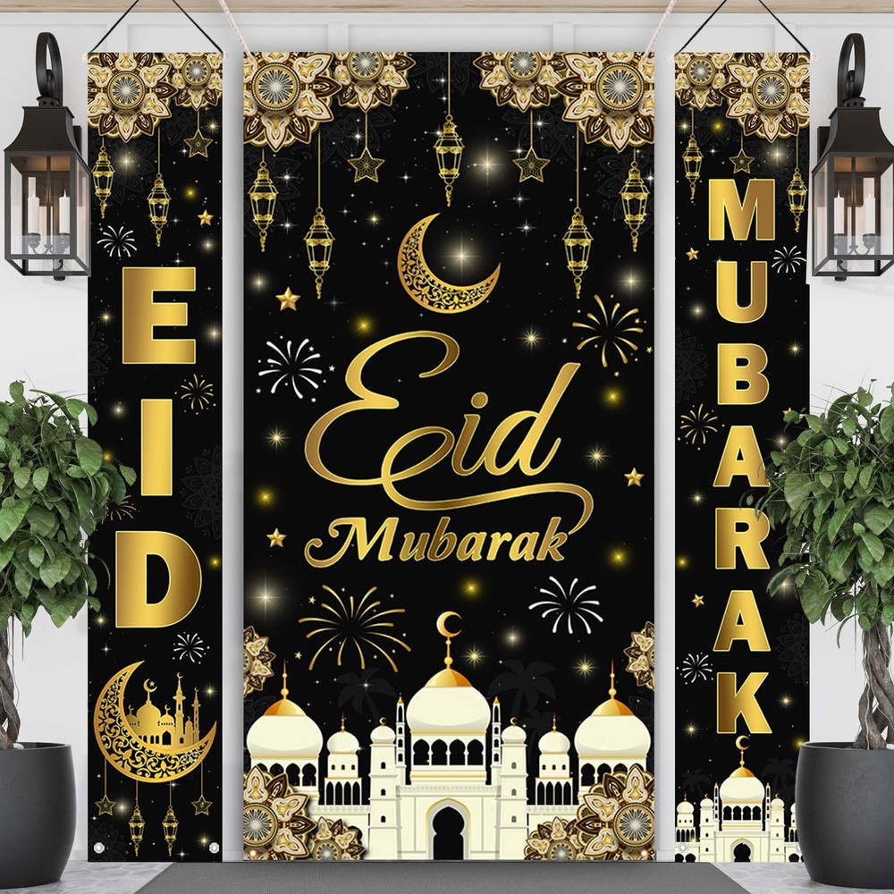 AIBIIN 3PCS Eid Mubarak Banners Decorations for Home Gold Black