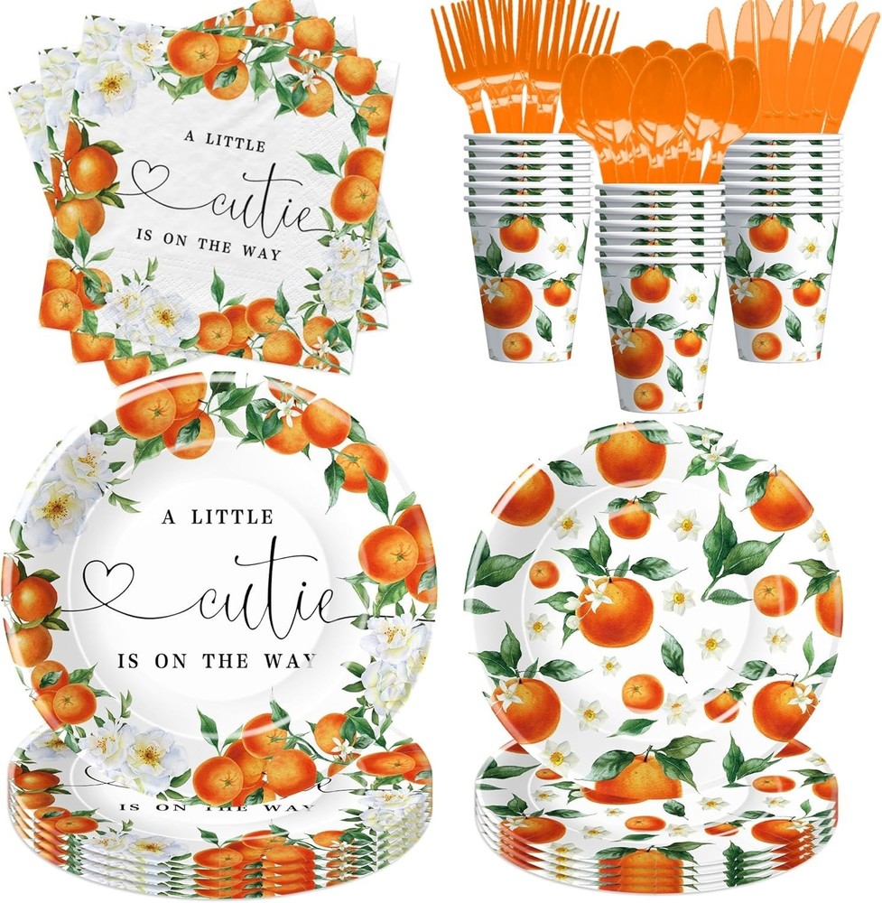 Little Cutie Baby Shower Decorations Tableware, Orange Baby Shower Decoration…