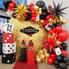 Casino Balloon Arch Garland Kit with Red Black and Gold Balloons Dice Boxes R…