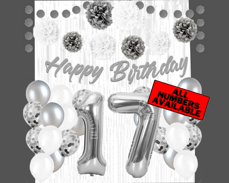 Silver & White 17th Birthday Decorations – 40″ Number Balloons &More-Boy or Girl