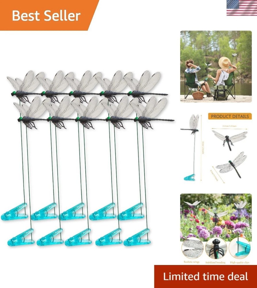 Set of 10 Realistic Black Dragonfly Clips – PVC Garden Decorations & Accessories