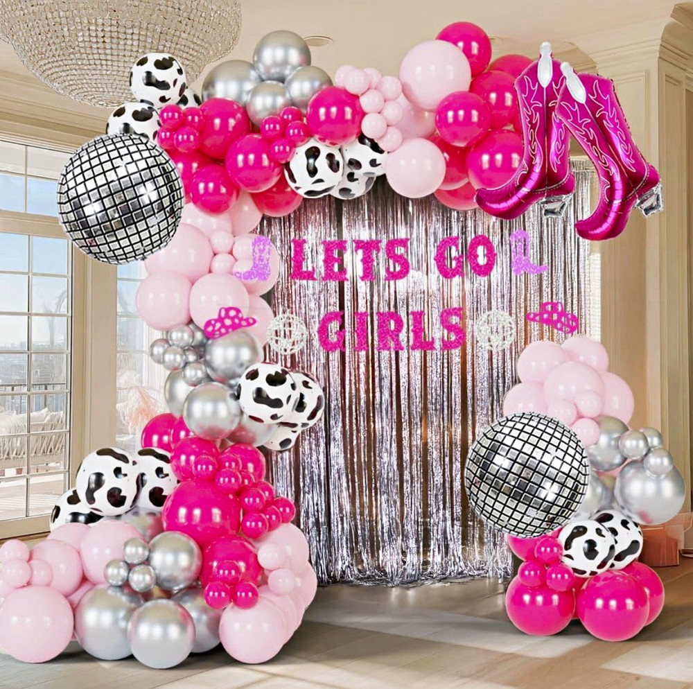 Cowgirl Balloon Garland Kit Pink/Silver Cow Print w Fringe Curtain & Banner