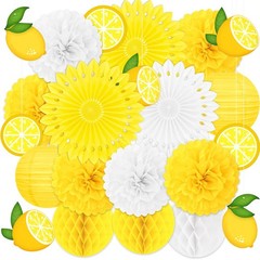 22pcs Summer Lemon Party Decorations – Yellow Hanging Paper Fans, Pom Poms, L…