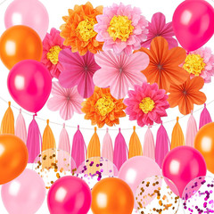 89 PCS Pink and Orange Party Decorations Paper Fans Party Decorations Set with B