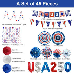 45Pcs 4Th of July Patriotic Decorations Set, LOVE USA Banner, Red White Blue Pap