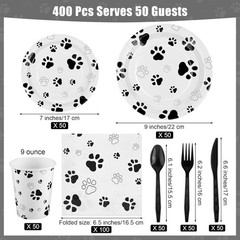 400-Piece Black Paw Print Tableware Set for 50 Guests – Perfect Party Supplies