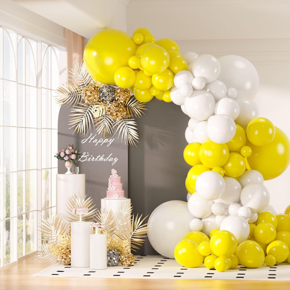 130Pcs White and Yellow Balloons Garland Arch Kit, 18 12 10 5 Inch Different Siz