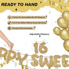 Pre Strung Happy Sweet 16 Banner Glitter Sixteenth Birthday Party Decorations…