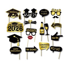 Graduation Selfie Photo Booth Frame 27x19in Black Gold with 18 Props – Party