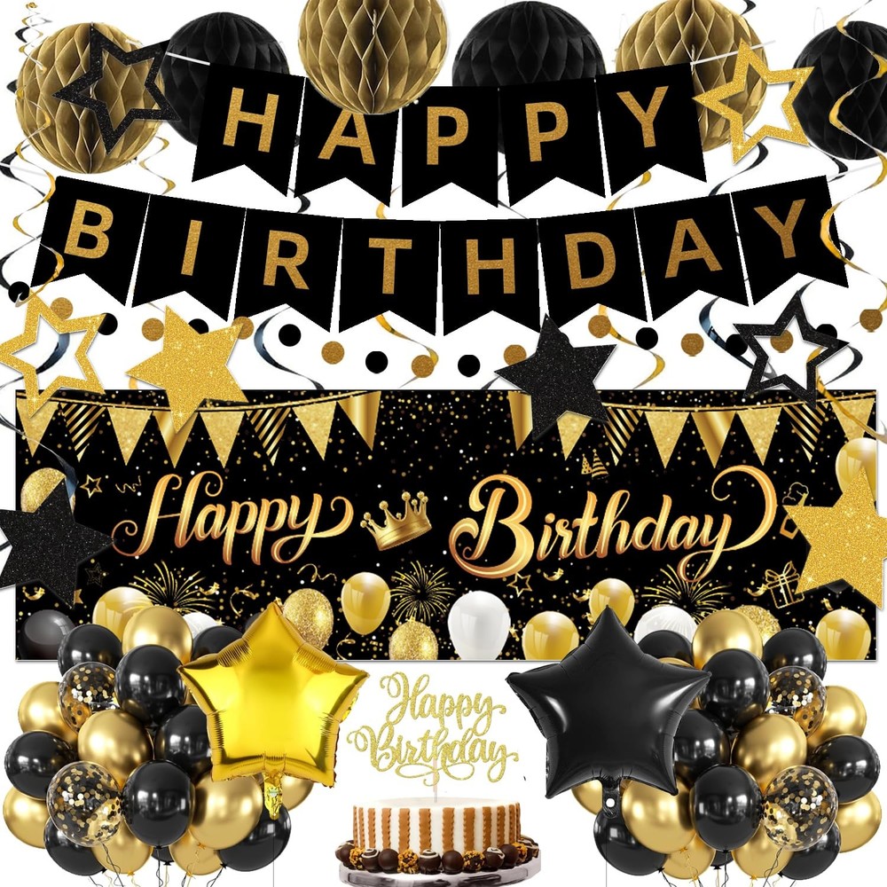 Gold Black Birthday Decorations, Happy Birthday Banner, Backdrop, Balloons, H…
