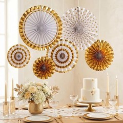 Paper Fan Decorating Kit, 6 Pack Hanging Paper Fans, 8″, 12″ and 18″ Golden Age