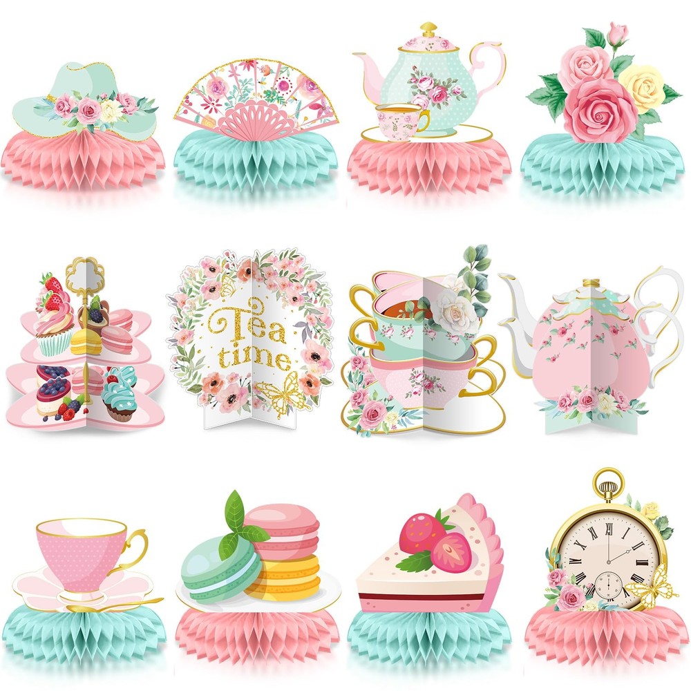 12 Pcs Tea Party Decorations Floral Teapot Honeycomb Centerpieces Tea Party Tabl