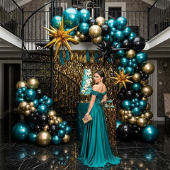 Chrome Dark Teal and Gold Black Balloon Garland Kit 170Pcs Double-Stuffed Navy