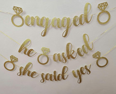 Engagement Party Banners Glitter Gold Letters He Asked She Said Yes Garland for