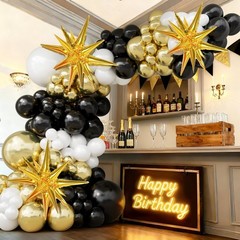 155PCS Black and Gold Balloon Garland Arch Kit, Explosion Star Black Gold Whi…