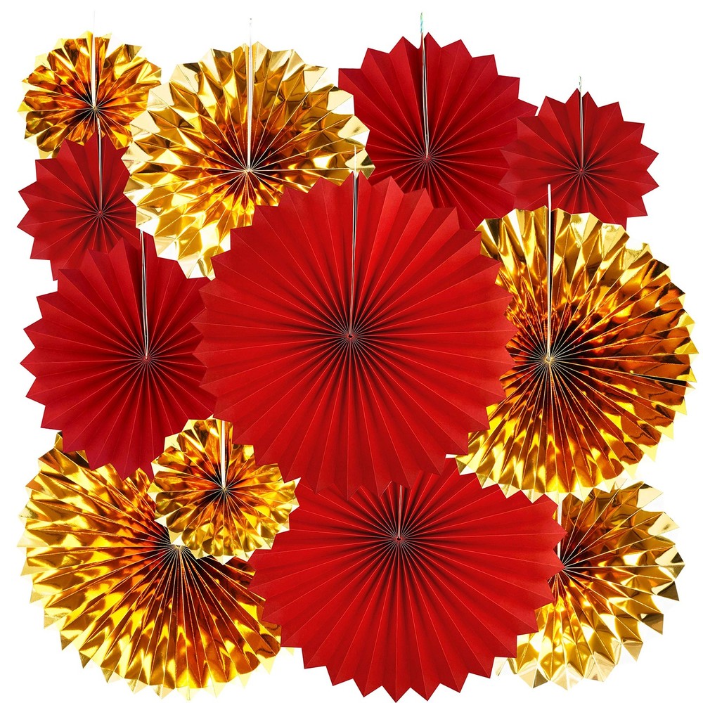 Red Gold Hanging Paper Fans Ceiling Photo Booth Backdrops Decorations 12 PCS