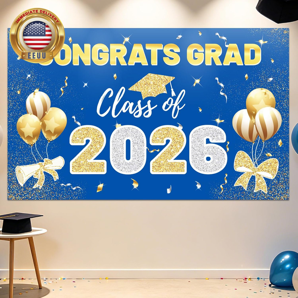 2026 Graduation Backdrop – 70.8″X43.3″ Blue Gold Congrats Grad Banner Class of 2