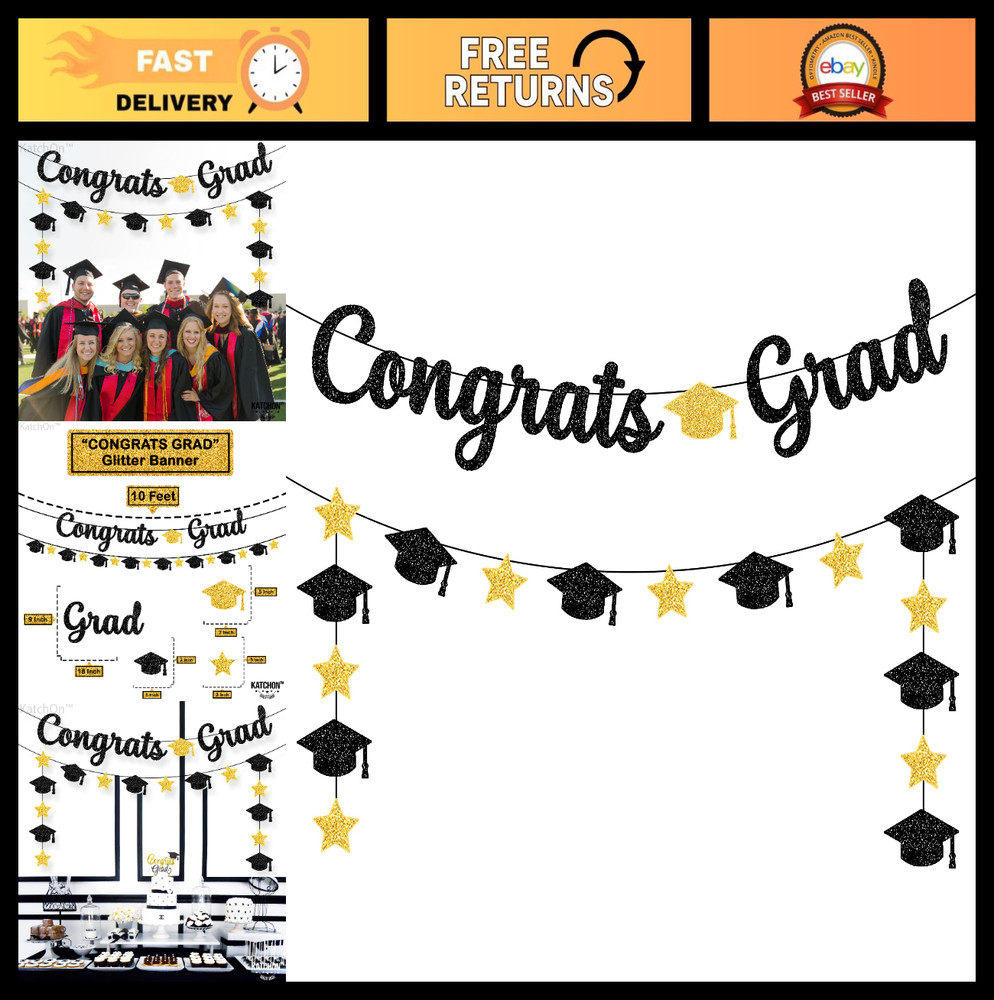 2026 Graduation Decorations – Glitter Black & Gold Congrats Grad Banner 10ft | C