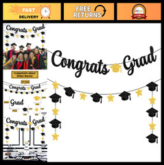 2026 Graduation Decorations – Glitter Black & Gold Congrats Grad Banner 10ft | C