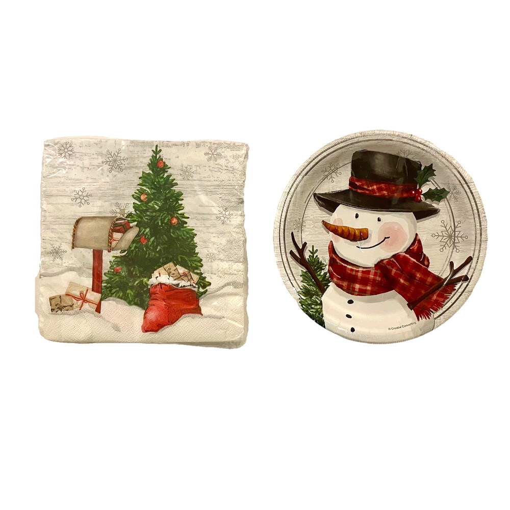 Farmhouse Christmas Snowman Dessert Party Supplies for 24 Guests Plates Napkins