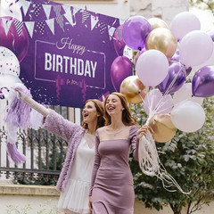 Happy Birthday Backdrop Banner Large Purple Silver and White Balloons Sign Poste