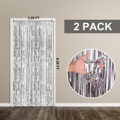 2 Pack Foil Curtain Backdrop Silver Metallic Tinsel Fringe 2 PCS,