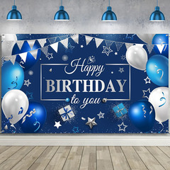 Sumind Happy Birthday Decorations Backdrop Banner, Navy Blue and Silver Party De