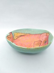 Hand Painted Coconut Shell W/Tropical Orange Fish Signed Beach House Decor