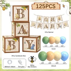 125Pcs Classic Winnie Bear Baby Shower Decorations Baby Boxes Balloons Banner.