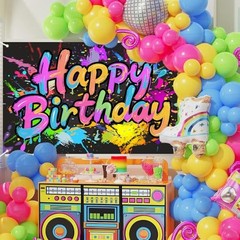 Neon Birthday Party Decorations, Neon Happy Birthday Banner Backdrop Sign,