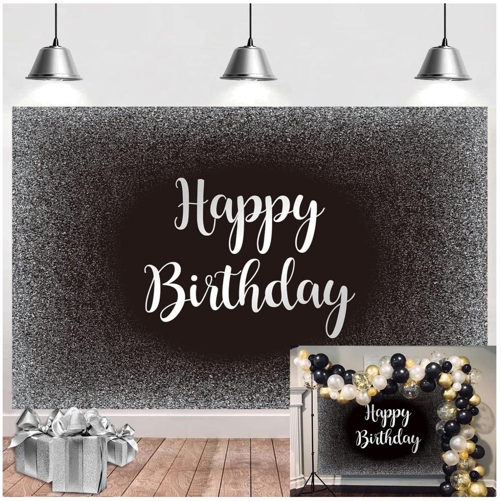 Happy Birthday Photo Booth Backdrop – Blak Silver 7x5FT