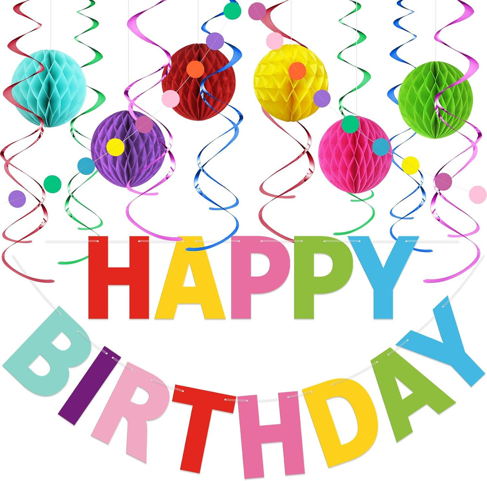 Colorful Birthday Decorations Kit – 16-Piece Set with Pre-Strung Happy Birthday