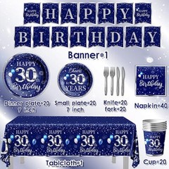 142 Pcs 30th Birthday Tableware Set Decorations Sliver and Blue 30th Happy Bi…
