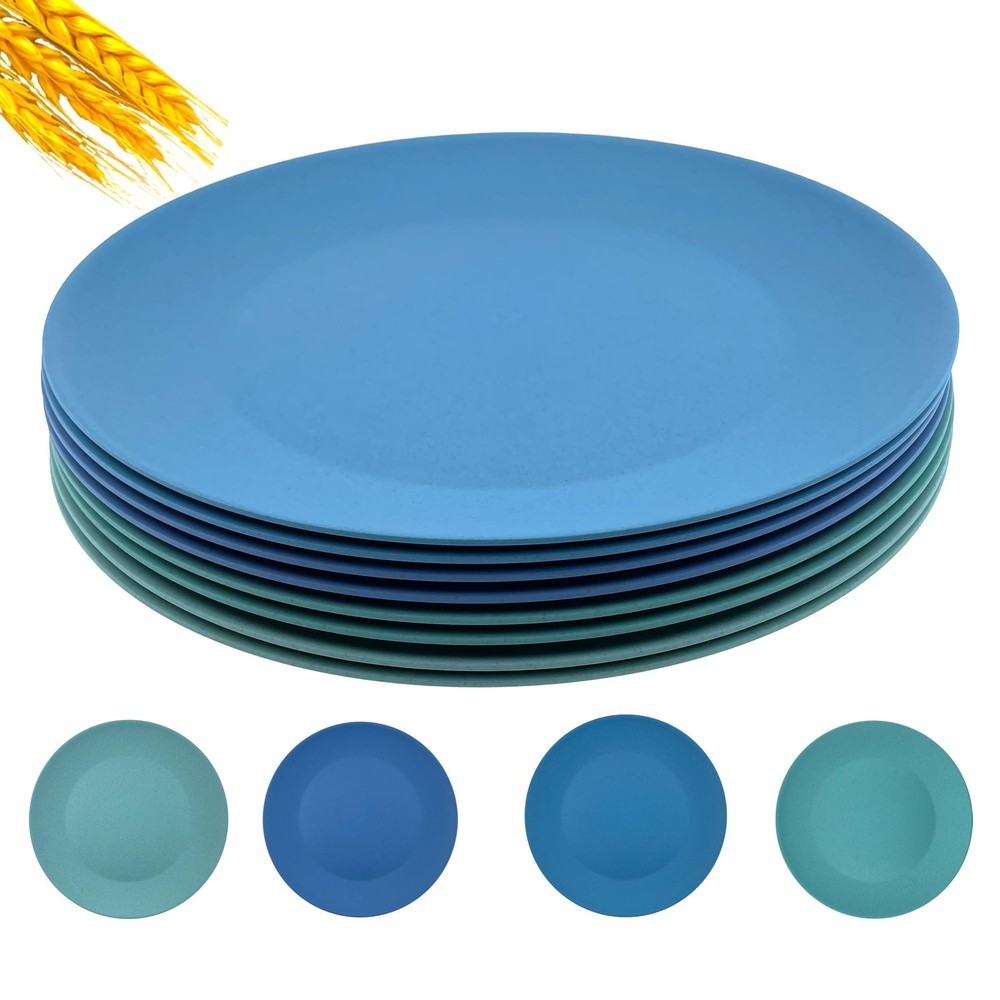 WEXINHAO 10 inch Wheat Straw Plates, Unbreakable Flat set of 8, Blue Green