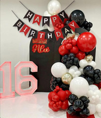 Red Silver Black Happy Birthday Banner Sign Decorations for Boys Girls Men Women