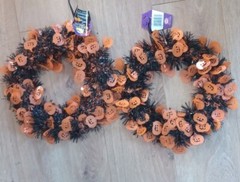 2 x Halloween Tinsel Wreaths 24cm, Hanging Decorations. Black / Orange Pumpkins.
