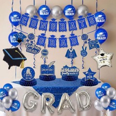 Royal Blue Silver 2026 Graduation Party Decor – Balloons, Banner, Swirls & Cente