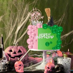 44-Piece Pink & Green Cake Topper Set Witch Hat Crown Balloons Birthday Decor