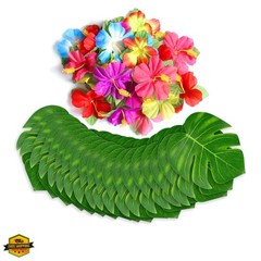 60Pcs Tropical Party Decorations Supplies Tropical Palm Leaves Hibiscus Flowe…