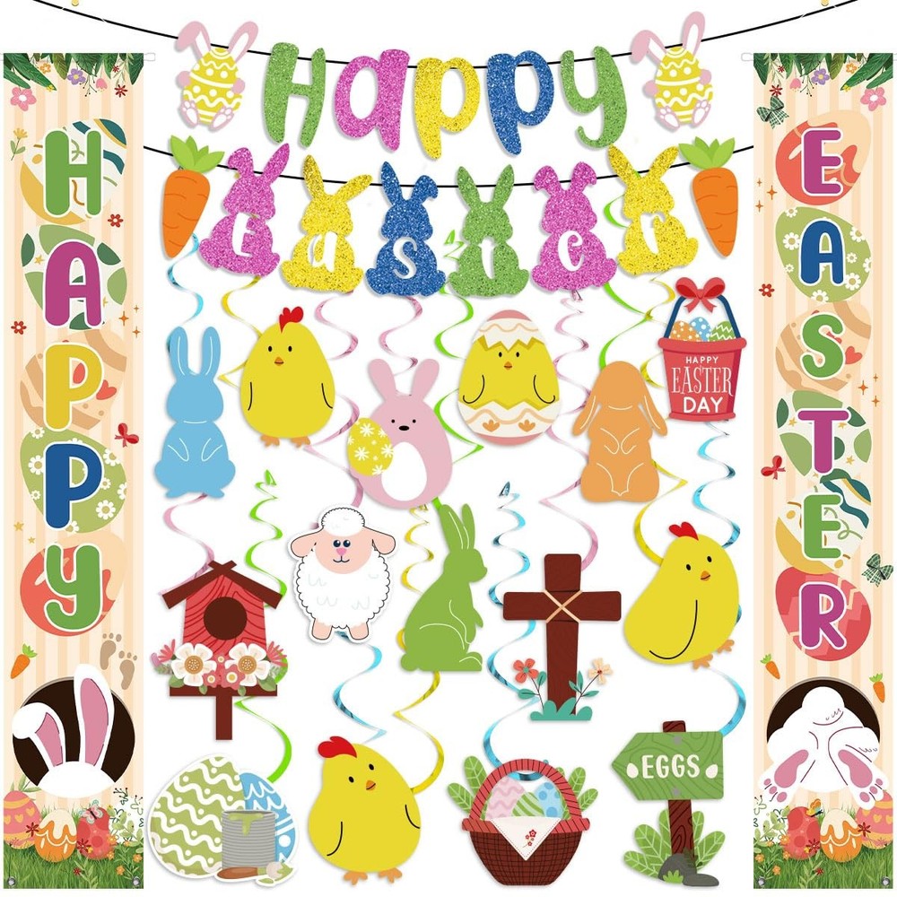 Easter Decorations Happy Porch Banner Eggs Garland with Multicolor