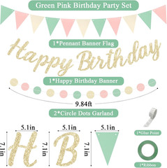 Sage Green Pink Birthday Decorations Banner Fans Lanterns Garland Set
