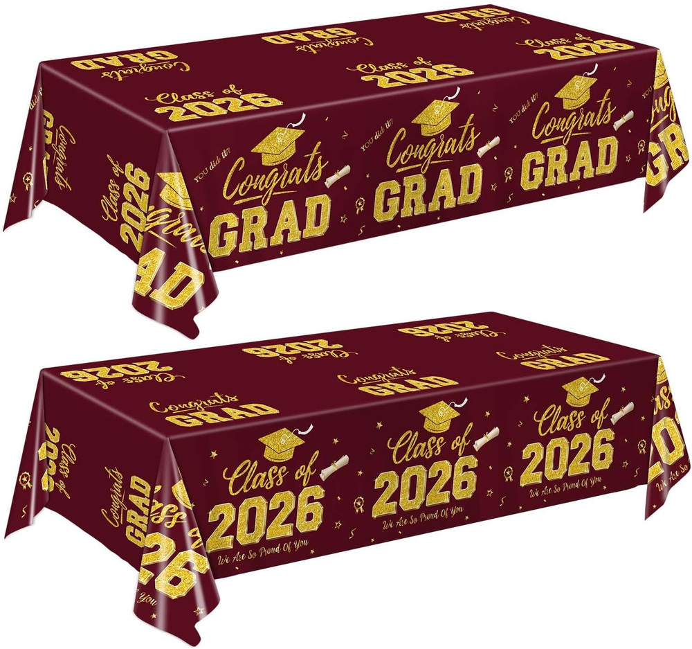 Graduation Decorations 2026, Maroon and Gold Graduation Tablecloths, 2-Pack Cong