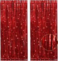 2 Pack 3.2Ft X 8.2Ft Red Foil Fringe Curtain, Glitter Metallic Tinsel Foil Fring