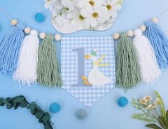 One Silly Goose High Chair Banner Boys 1st Birthday Blue Gingham Decor