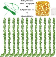 12 Pack Fake Vines for Room Decor with 100 LED 12pcs Ivy 100 LED, Green