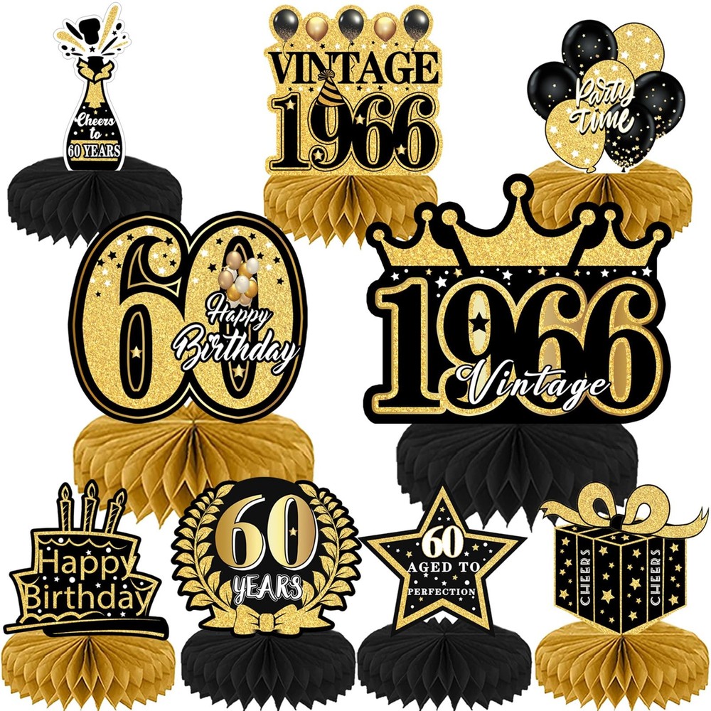 9Pcs 60th Birthday Party Decorations – 60th Birthday Decor Men Women Black Gold
