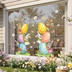 Easter Decorations Window Clings: Cute Stacked Little Bunny with Colored Eggs, R