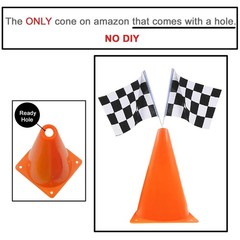6 Pack 7inch Orange Race Cones with Holes on Top,12 Pack Checkered Flags,Raci…