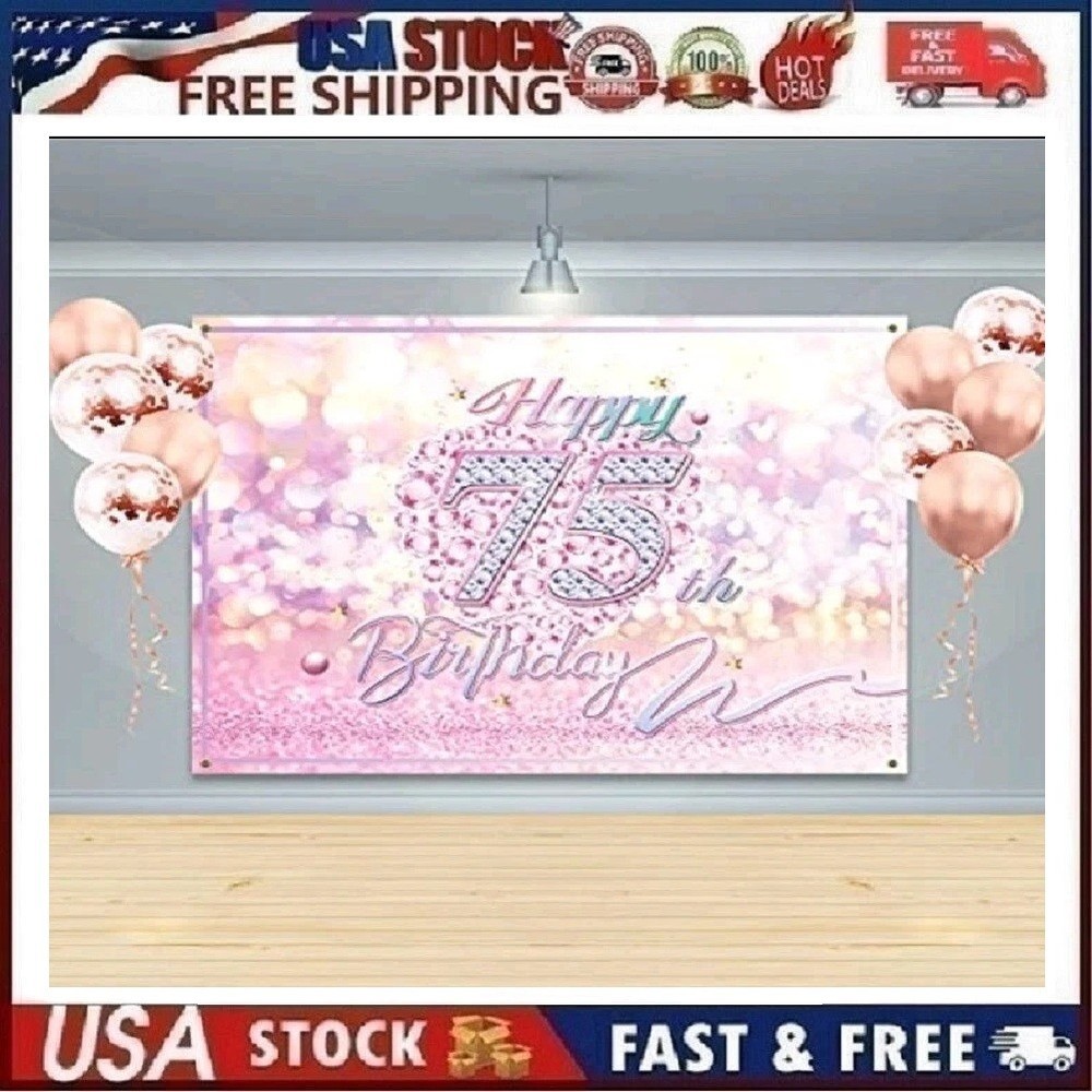 7’x5′ Pink Happy 75th Birthday Backdrop Birthday Decorations Party Supplies